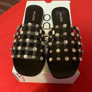 ALDO Black Sandals with Silver , Clear Rhinestones